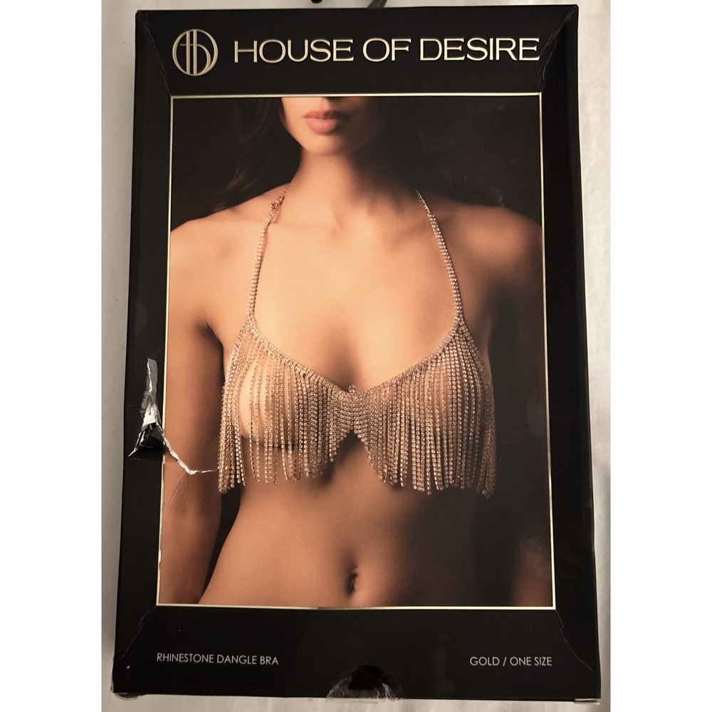 House of Desire Rhinestone Dangle Bra Gold One Size Festival Body Jewelry - Picture 2 of 3